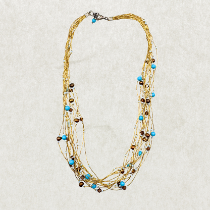 Vintage Multi-Strand Necklace with Turquoise & Pearl Beads – 925 Clasp