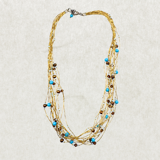 Vintage Multi-Strand Necklace with Turquoise & Pearl Beads – 925 Clasp