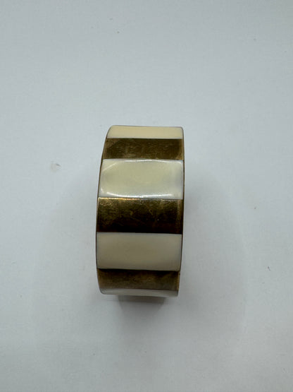 Vintage Massive Brass Cuff Bracelet – Mother of Pearl Inlay, Wide Statement Bangle, 2.5” Diameter