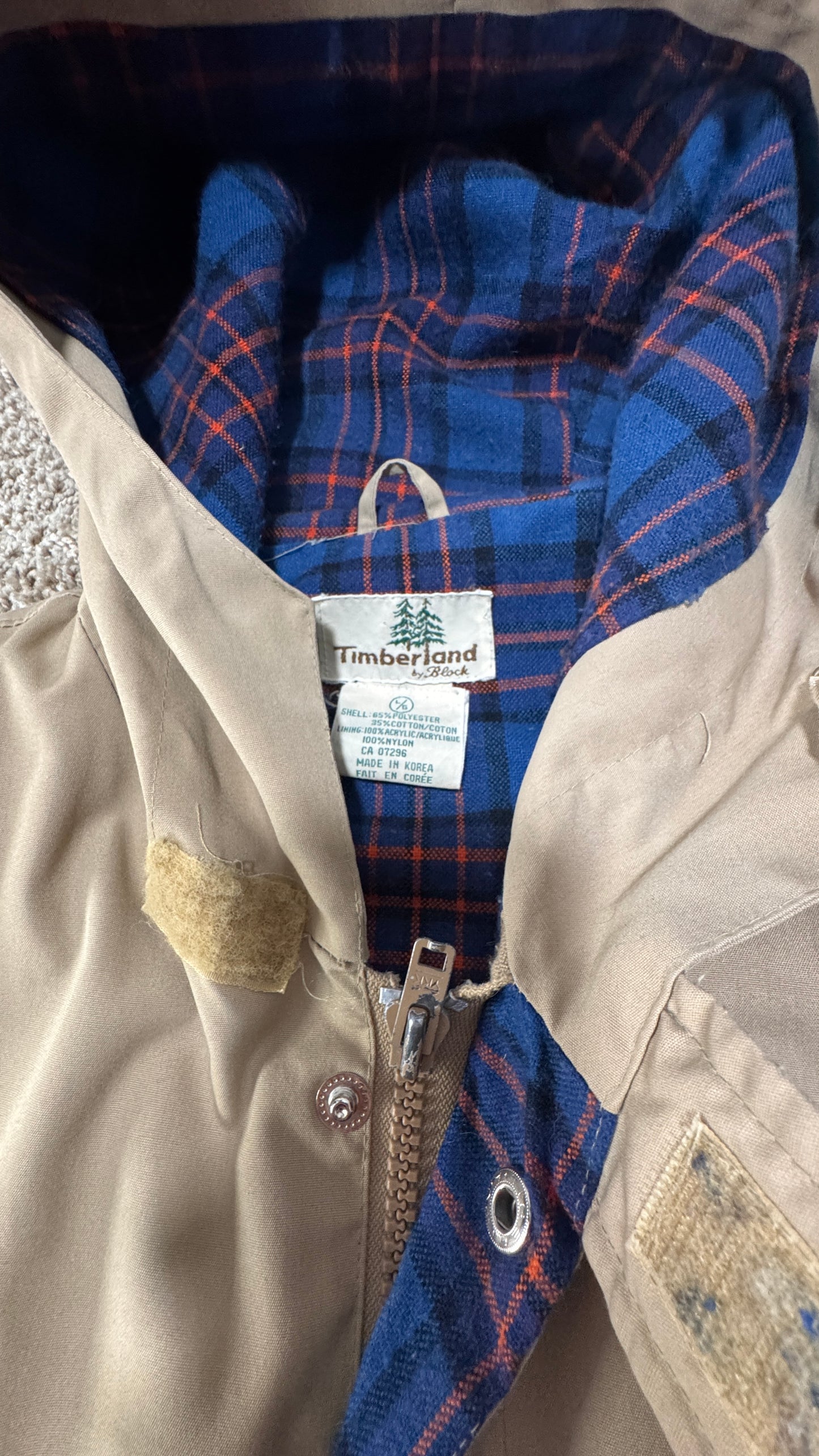 Vintage Timberland by Beck “Means” Parka – c. 1978–1983, Size L, Tan, Plaid Lined Hood