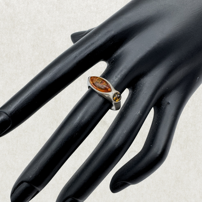 Vintage Sterling Silver Double Amber Navette Ring Size 7
