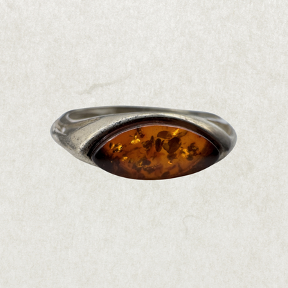 Vintage Sterling Silver Marquise Amber Ring Size 6.5