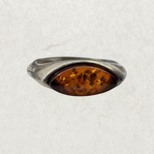 Vintage Sterling Silver Marquise Amber Ring Size 6.5