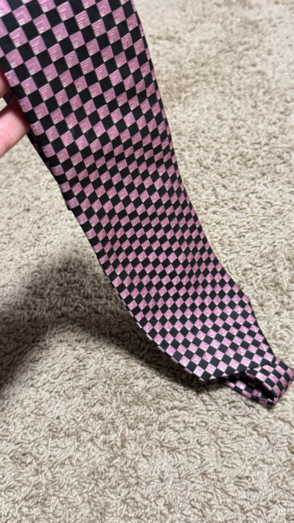 Vintage Holt Renfrew Silk Tie – Pink & Black Geometric Checker Pattern, 100% Silk, 59”