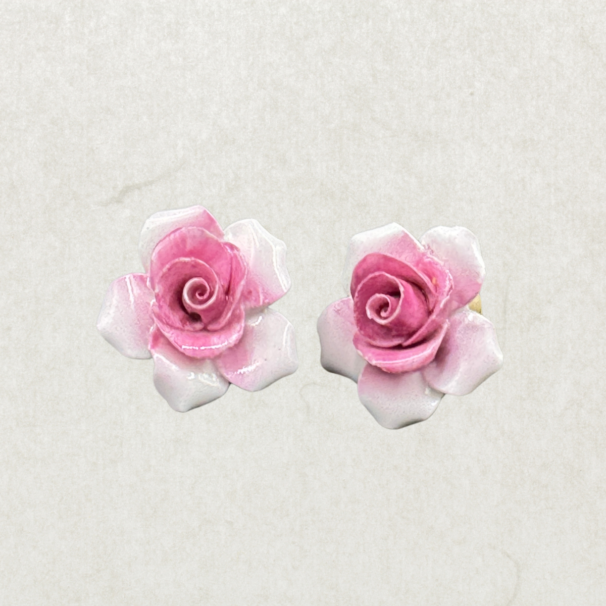 Vintage Porcelain Rose Clip-On Earrings – Pink Floral, Made in England, Mid-Century