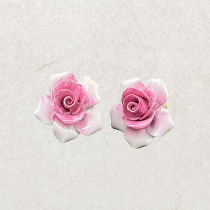 Vintage Porcelain Rose Clip-On Earrings – Pink Floral, Made in England, Mid-Century