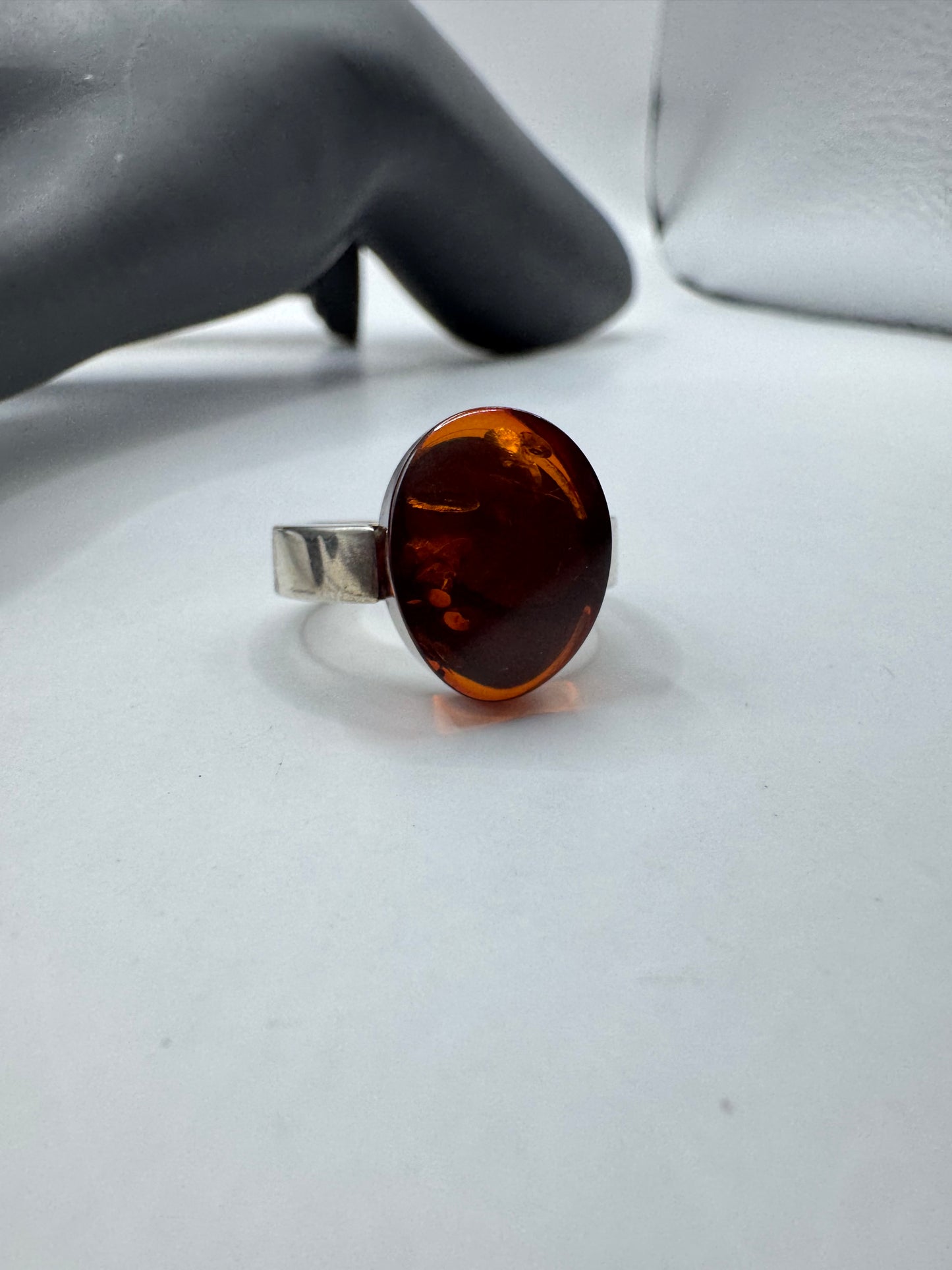 Vintage Sterling Silver Oval Amber Ring Size 7