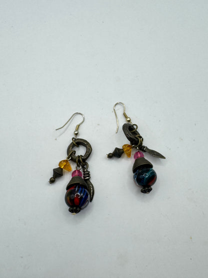Vintage Boho Art Glass & Bronze Tone Dangle Earrings – Eclectic Artisan Style