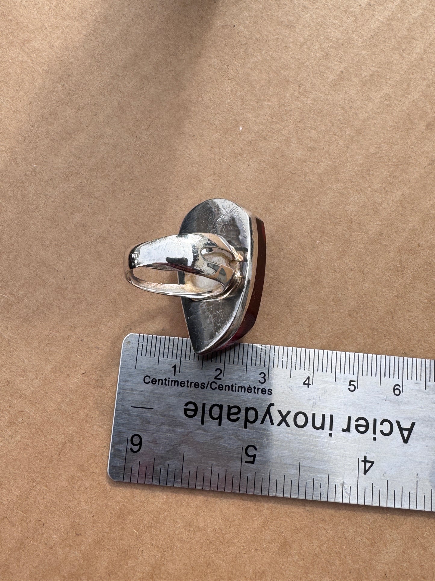 Sterling Silver Ring with Red Fire Amber, Size 9