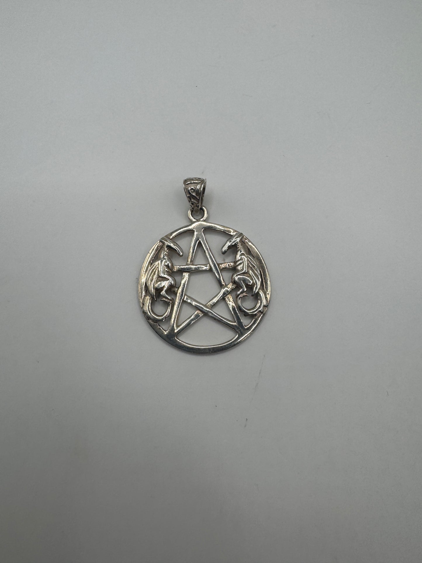 Vintage Sterling Silver Pendant – Large Pentagram with Dragons