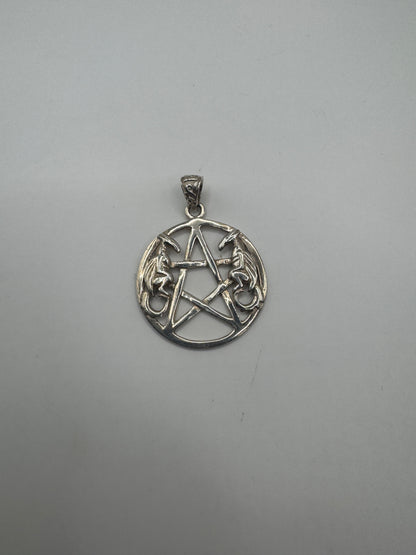 Vintage Sterling Silver Pendant – Large Pentagram with Dragons