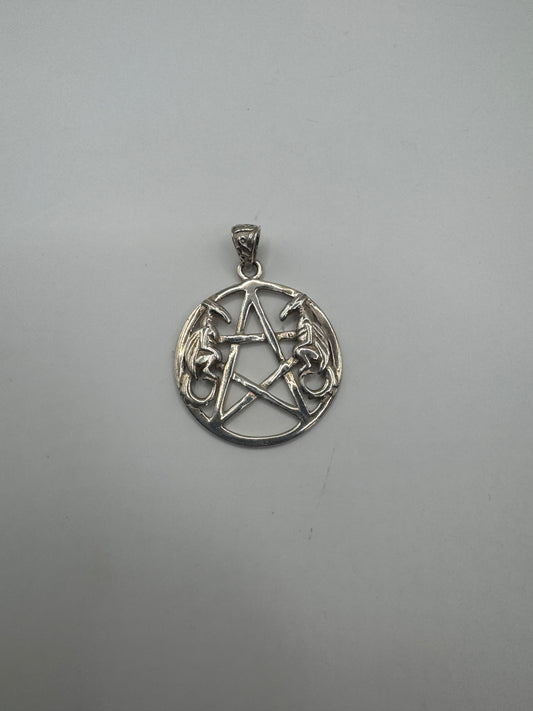 Vintage Sterling Silver Pendant – Large Pentagram with Dragons