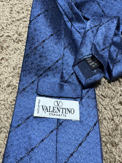 Vintage Valentino Cravatte 100% Silk Blue Geometric Striped Tie Made in Italy 55” x 4”