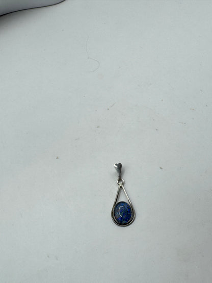 Vintage Sterling Silver Smoky Opal Pendant – Blue Fire Teardrop Gemstone Charm
