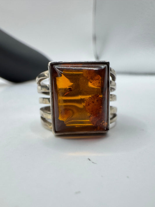 Large Vintage Sterling Silver Baltic Amber Ring Size 7.5
