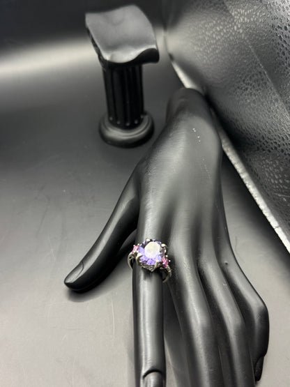 Vintage Sterling Silver Ring with Large Purple Stone & Pink Side Accents – Statement Cocktail Ring Sz 7