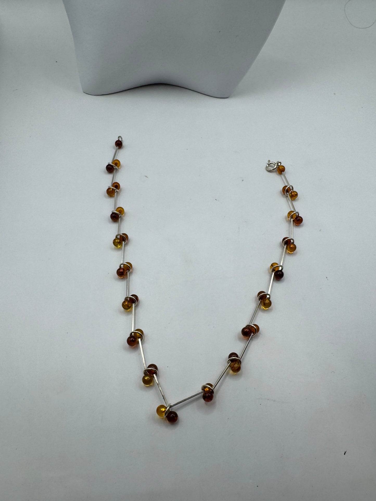 Sterling Silver Amber Bead Necklace, 15.5 Inches