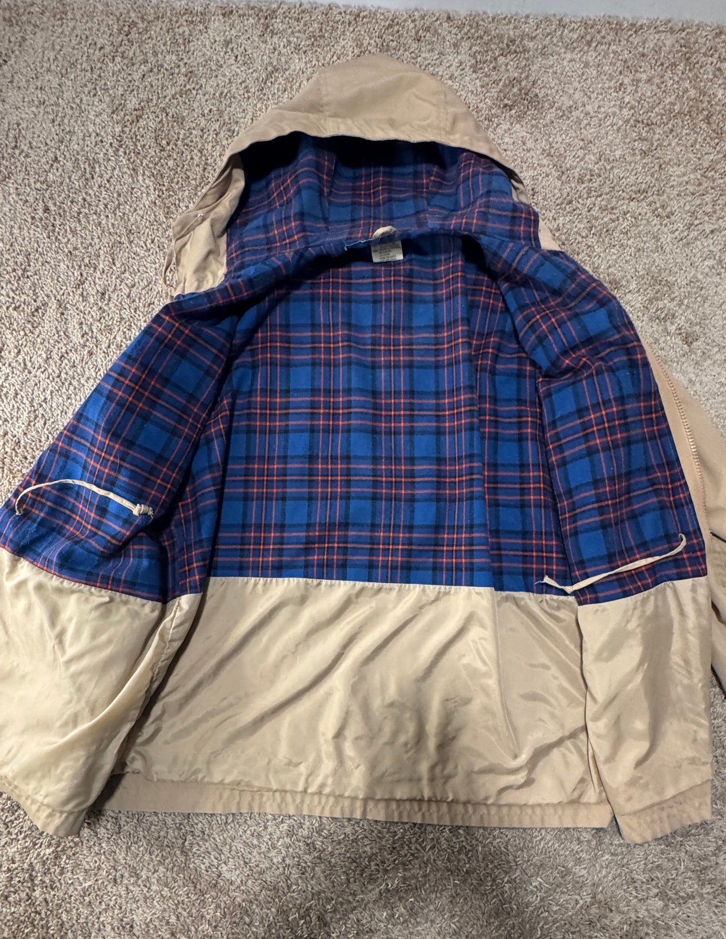 Vintage Timberland by Beck “Means” Parka – c. 1978–1983, Size L, Tan, Plaid Lined Hood
