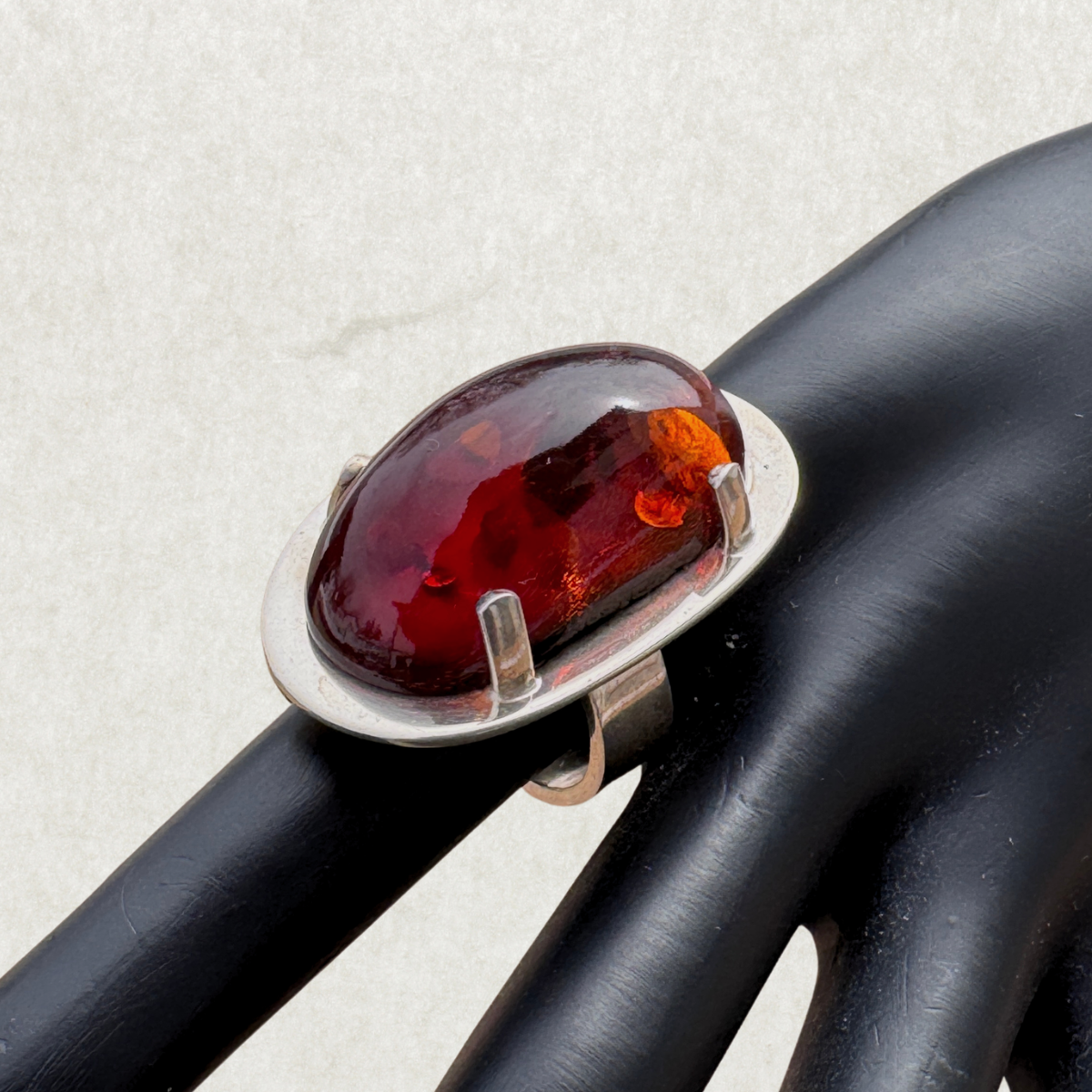 Mogens Godskesen Sterling Silver Ring with Large Fire Amber, Size 7,5