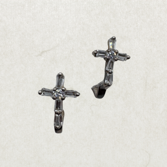 Sterling Silver 925 Cross Earrings with Crystals – English Clasp