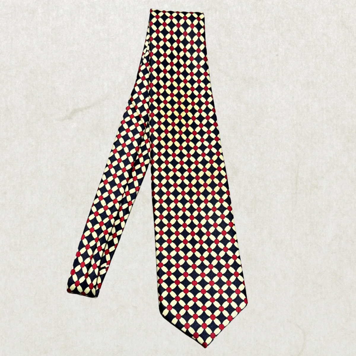 Vintage René Chagal Silk Tie – Geometric Chain Pattern, Red & Navy, 100% Silk, 57”