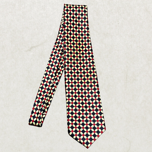 Vintage René Chagal Silk Tie – Geometric Chain Pattern, Red & Navy, 100% Silk, 57”