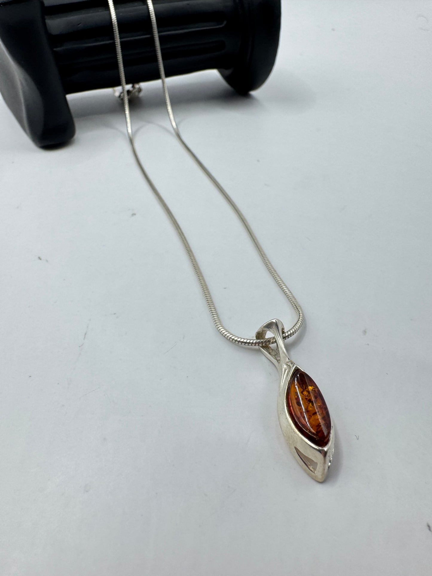 Silver 925 Marquise Amber Pendant Necklace 15”