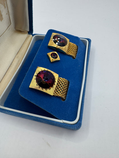 Vintage 70s Rivoli Crystal Cufflinks & Tie Pin Set – Watermelon Prism Gold-Tone