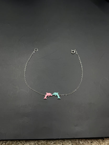 Sterling Silver Dolphin Charm Bracelet – Pink & Blue Enamel, Minimalist Cute Jewelry