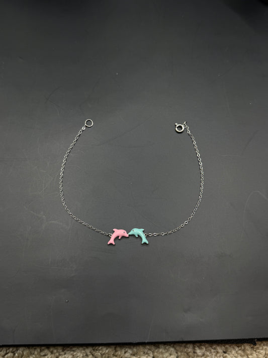 Sterling Silver Dolphin Charm Bracelet – Pink & Blue Enamel, Minimalist Cute Jewelry