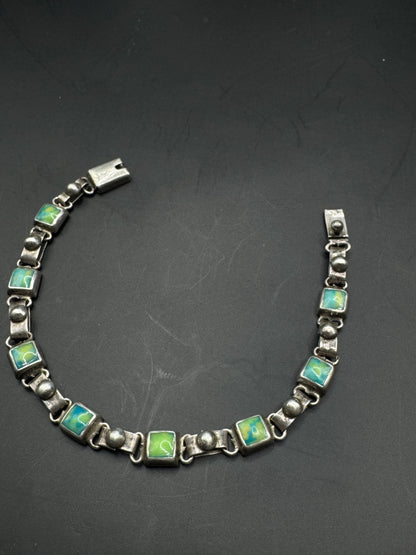 Vintage Mexican Sterling Silver 925 Bracelet with Green Stone Inlay – Taxco Style Link Design