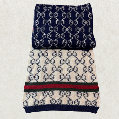 Vintage Gucci Men’s Wool Scarf – Navy & Cream Monogram, 70” x 12”