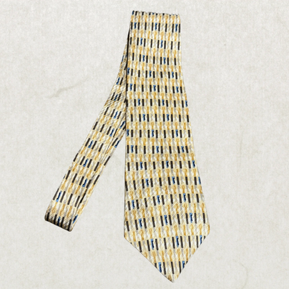 Vintage Alfani Silk Tie – Abstract Linear Pattern, Beige & Gold with Blue Accents, 100% Silk, 56”
