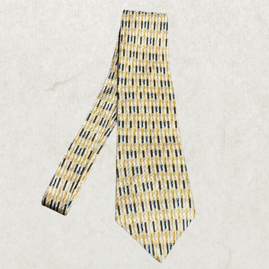 Vintage Alfani Silk Tie – Abstract Linear Pattern, Beige & Gold with Blue Accents, 100% Silk, 56”