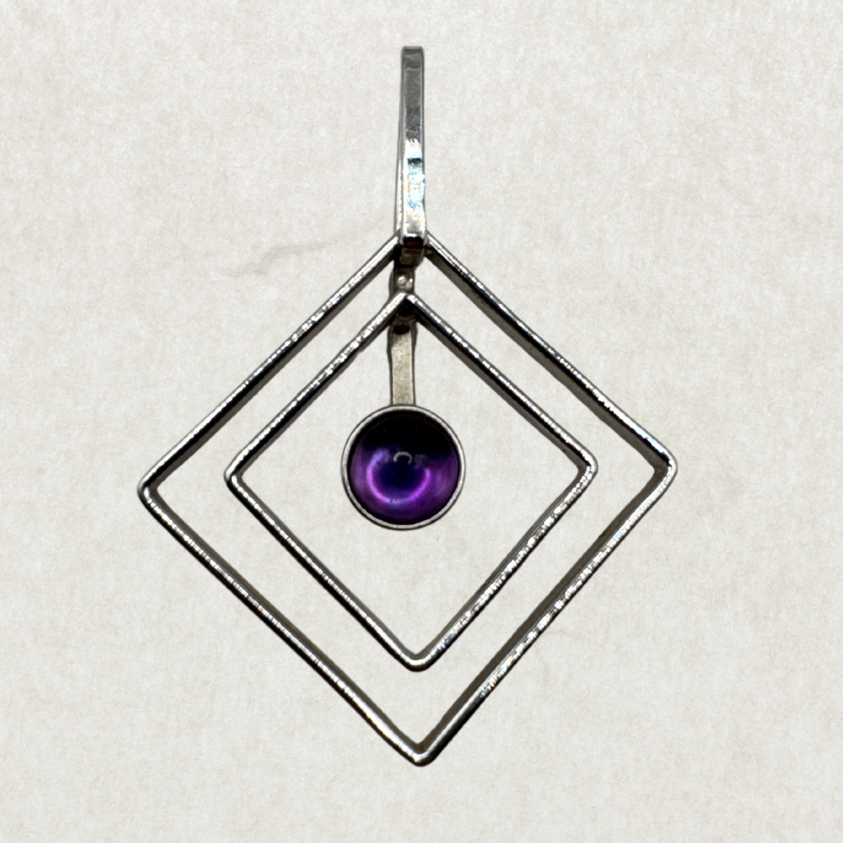 Vintage Large Artisan Sterling Silver Pendant with Amethyst, Rhodium-Plated – Excellent Condition