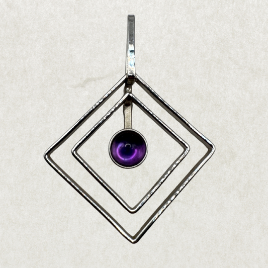 Vintage Large Artisan Sterling Silver Pendant with Amethyst, Rhodium-Plated – Excellent Condition