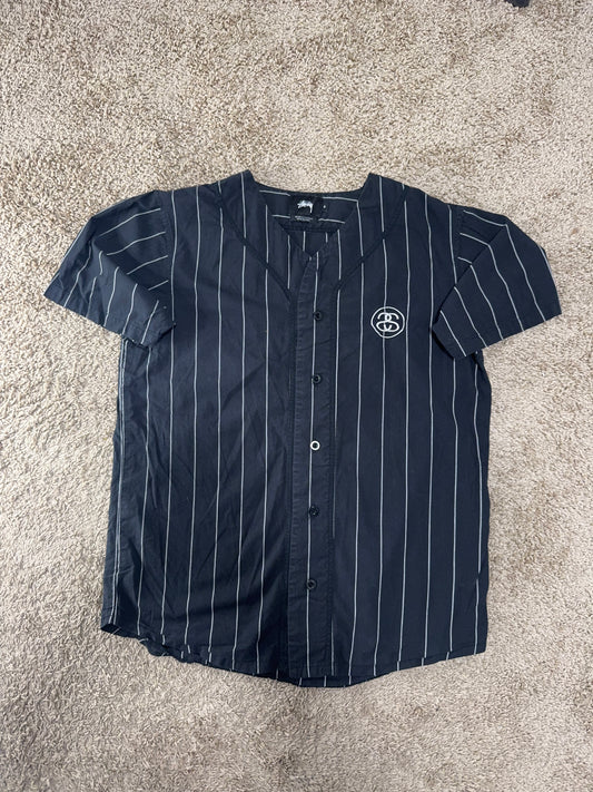 Stüssy Black Pinstripe Baseball Jersey – Stock Logo Embroidered, Rare, Size S