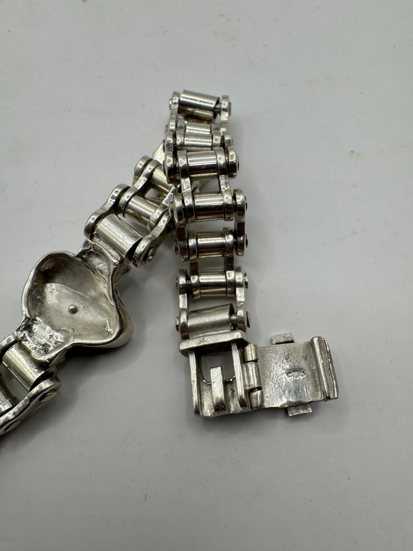 Sterling Silver Harley Davidson Skull Bracelet – 9” Heavyweight Chain, 73g