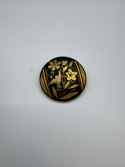 Vintage Damascene Circular Brooch – 1.5” Gold & Black Inlay