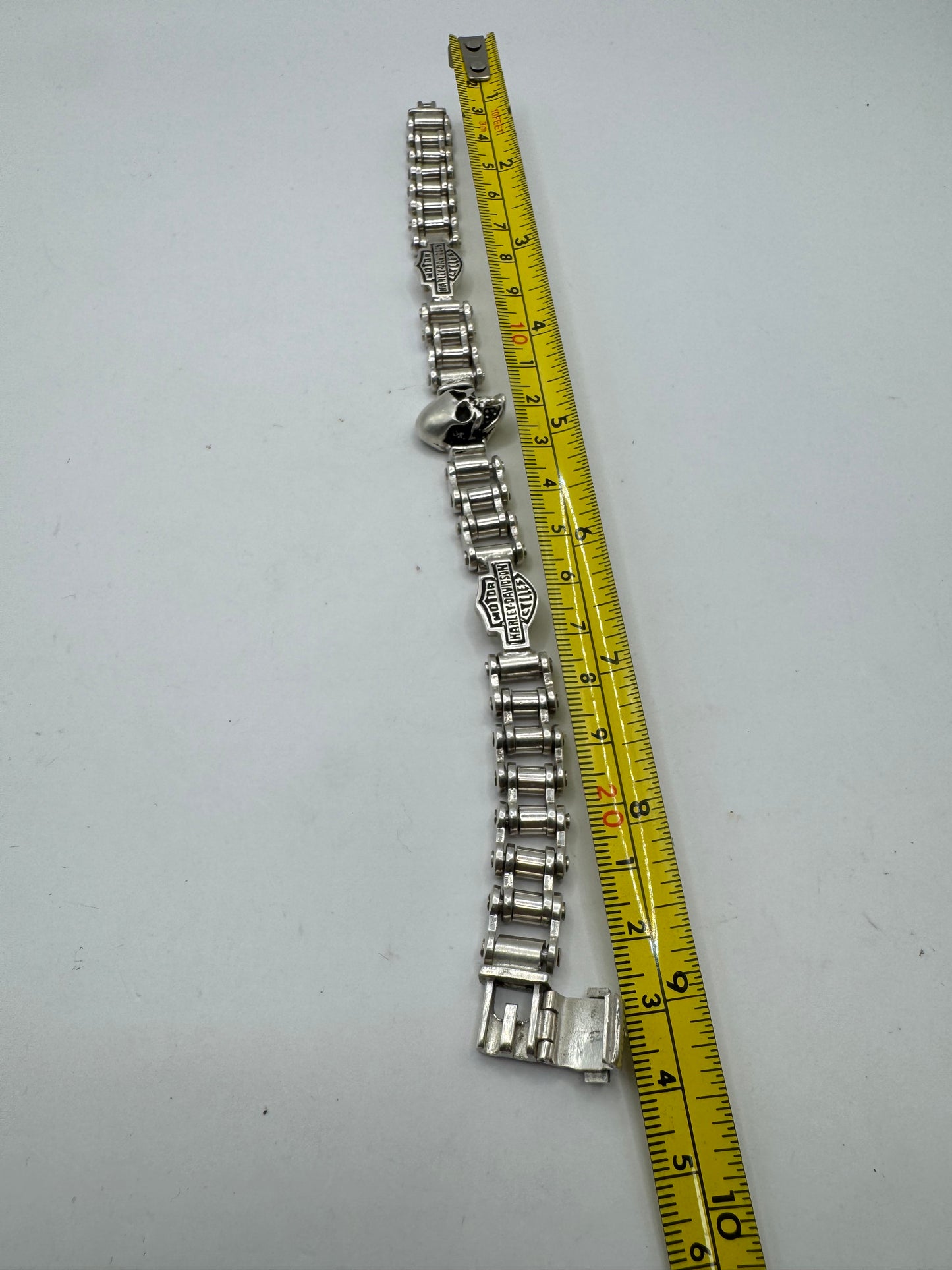 Sterling Silver Harley Davidson Skull Bracelet – 9” Heavyweight Chain, 73g