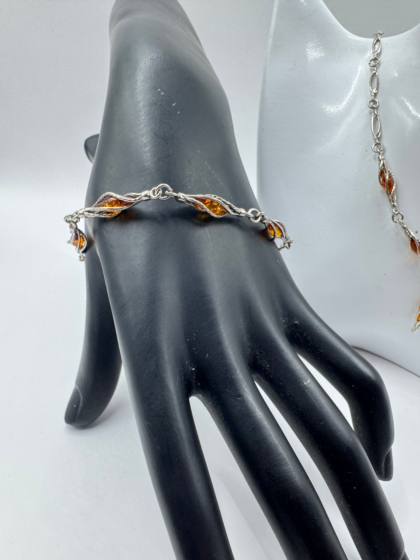 Sterling Silver Amber Necklace and Bracelet Set