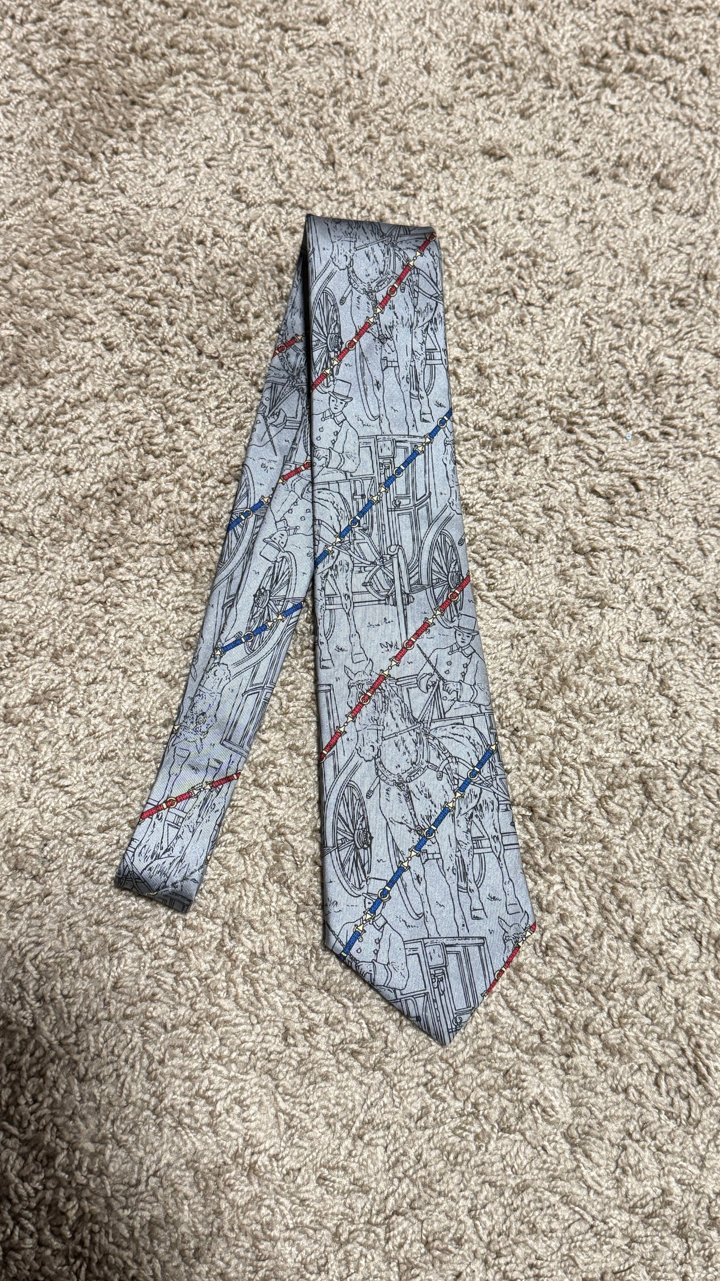 Vintage Alèssio Silk Tie – Equestrian Carriage Print, Gray Pattern, 100% Silk, 55”