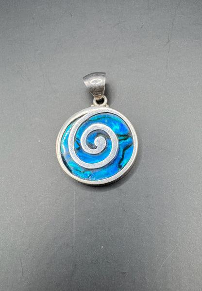 Sterling Silver 925 Fire Rainbow Blue Opal Greek Spiral Pendant