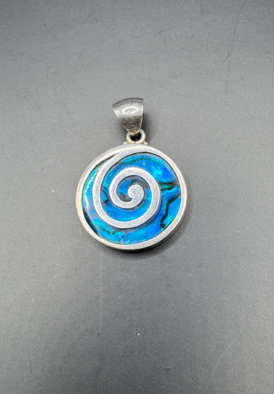 Sterling Silver 925 Fire Rainbow Blue Opal Greek Spiral Pendant