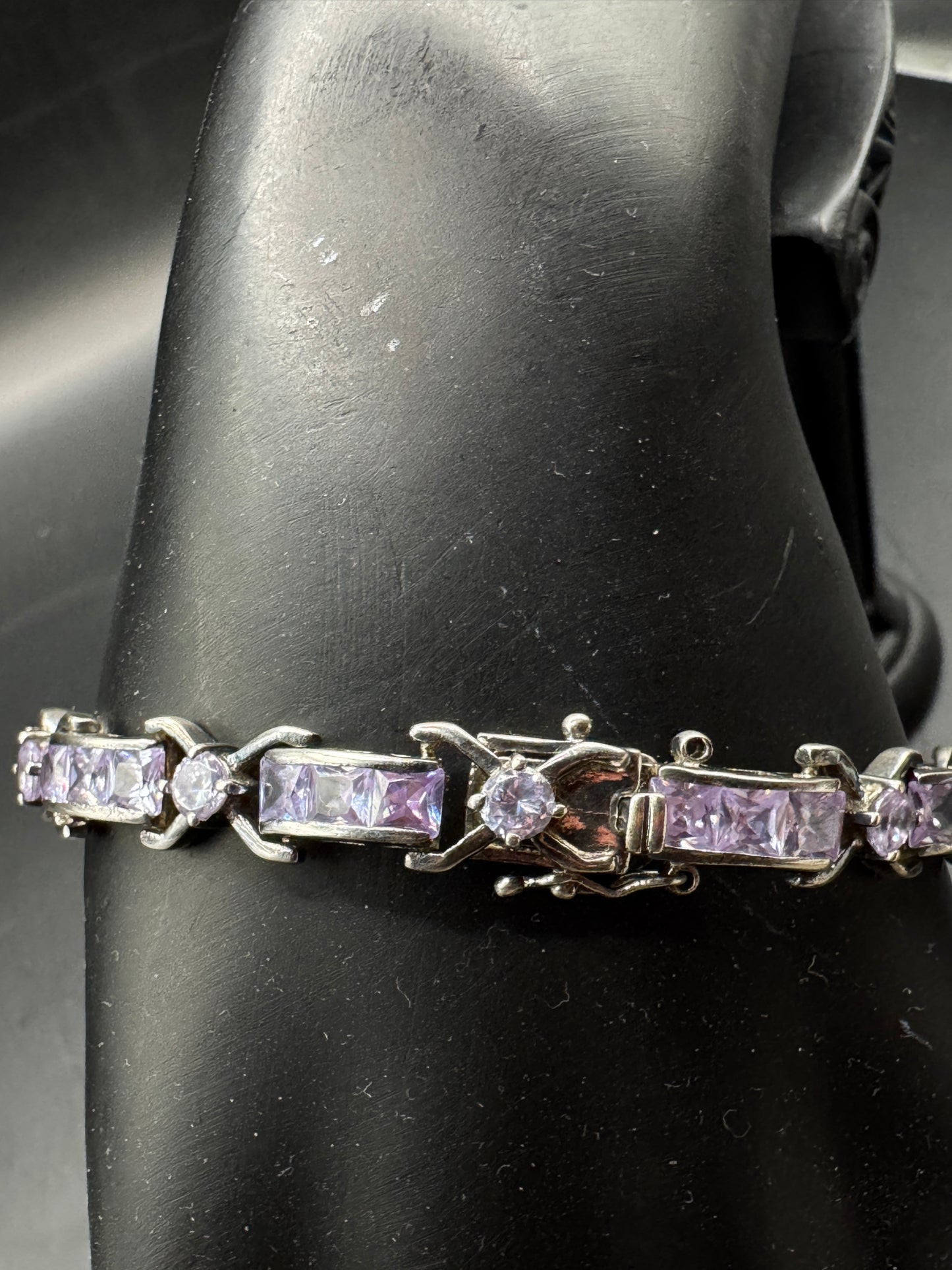 Vintage Sterling Silver 925 Purple Stone Tennis Bracelet – Lavender CZ Link Bracelet – 7.5” – Elegant Statement Jewelry