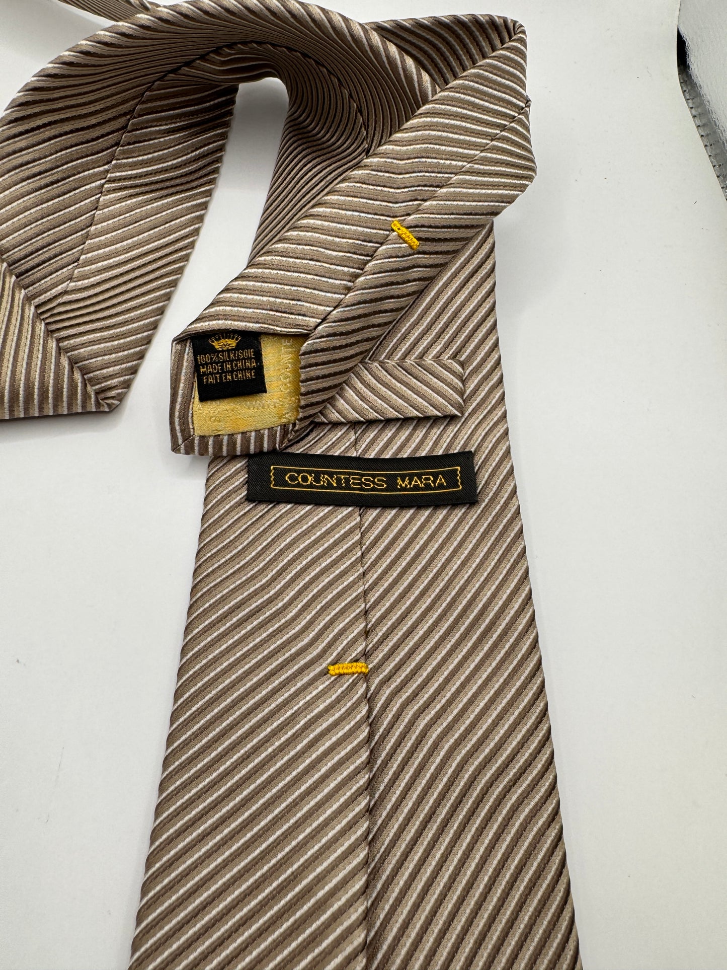 Vintage Countess Mara 100% Silk Tie – Taupe Diagonal Stripe, 59” x 4”