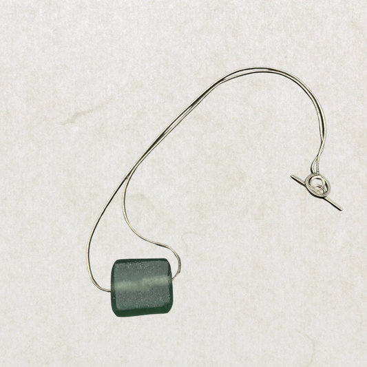 Sterling Silver Green Glass Pendant Necklace – Scandinavian Minimalist Cube, 16”