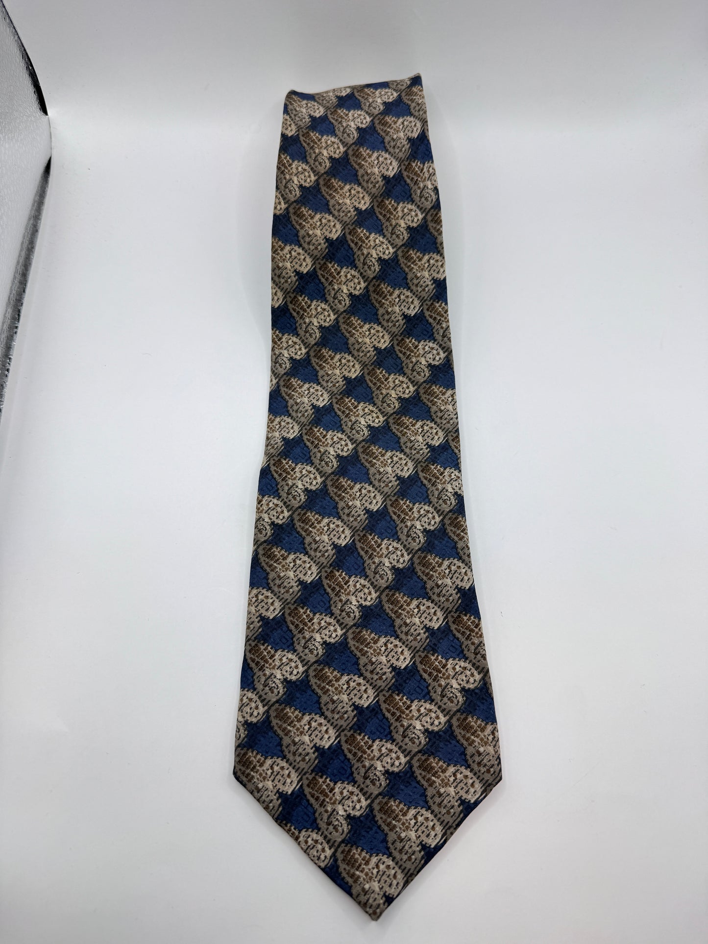 Vintage Pierre Cardin Silk Tie – 100% Silk, Blue & Taupe Geometric Pattern