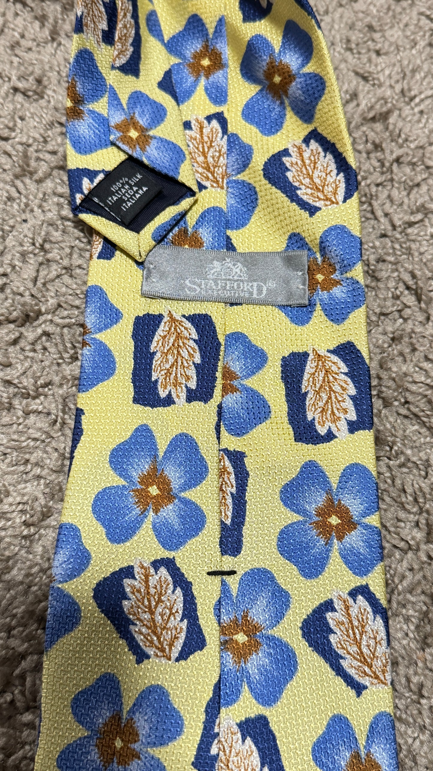 Vintage Stafford Silk Tie – Floral Blue Yellow Pattern, 100% Silk, Made in Italy, 57”