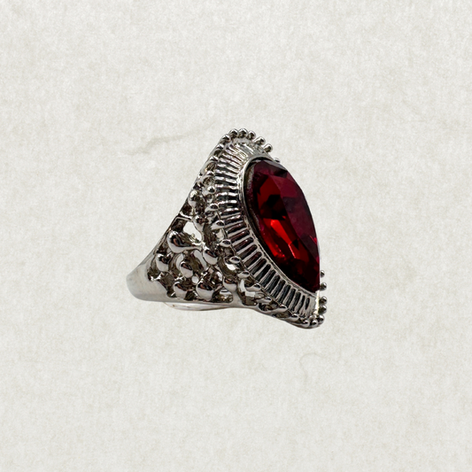 Vintage 925 Silver Ring with Red Glass Stone – Rhodium Plated, Size 9 (Brand New)